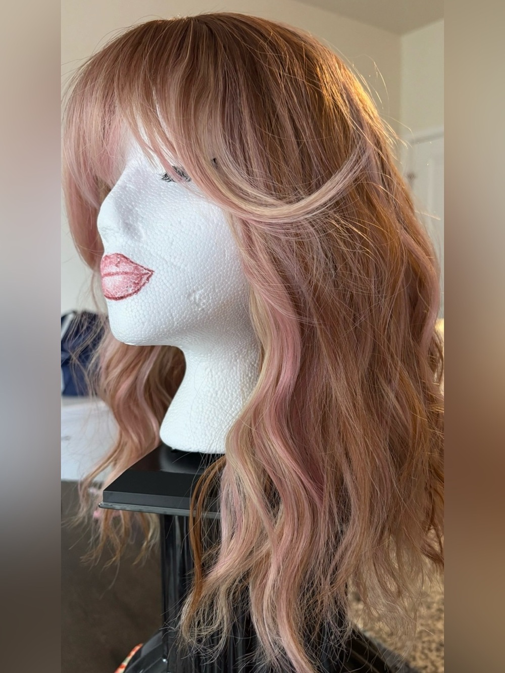 14’ Blonde with Pastel Pink Highlights Wavy Women's Wig
